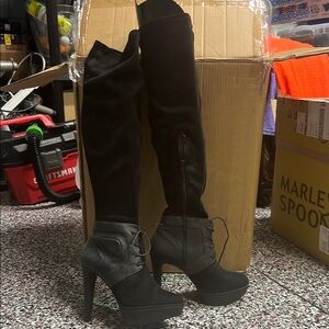 Jennifer Lopez Black Over the Knee Boots Suede Stiletto